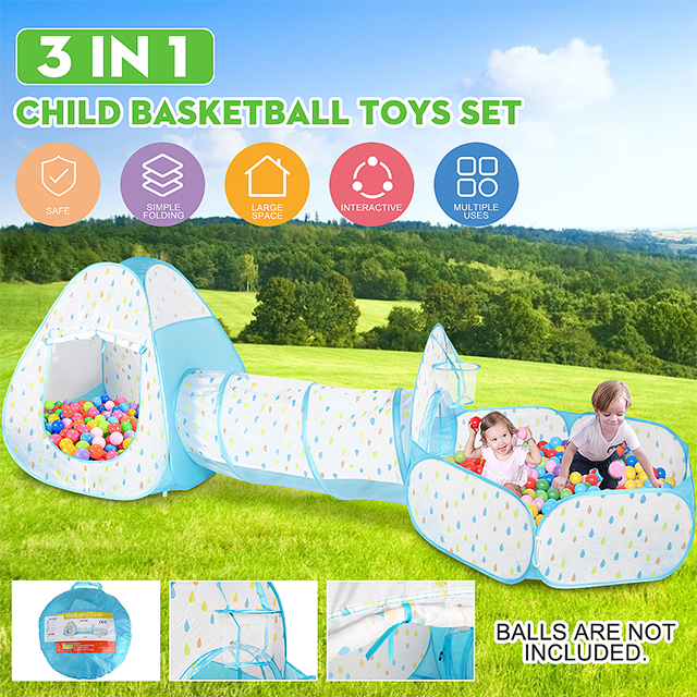 Kids Play Tent Foldable Crawling Tunnel Ball Pit With Basketball Hoop